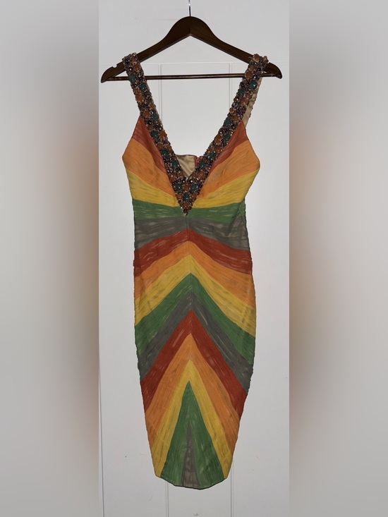 Mandalay Dresses & Skirts - MANDALAY Privee Rainbow Stone Beaded Pleated Silk Elegant Cocktail Dress Women 6